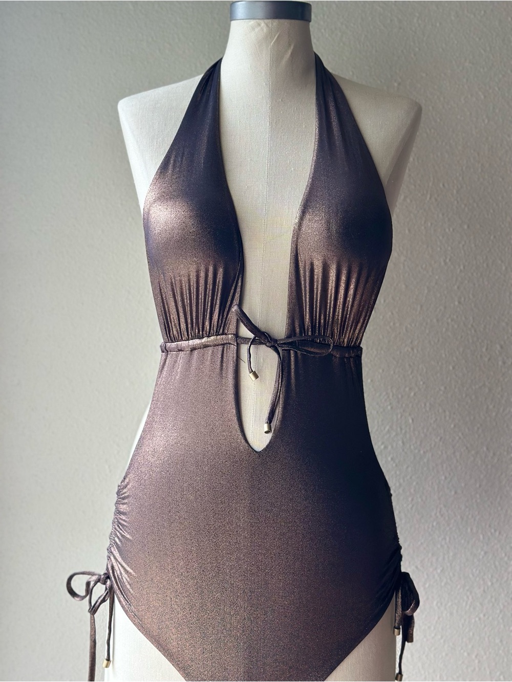 Vitamin A Brena Plunge Halter One Piece Swimsuit Shimmer Bronze Monokini S/6